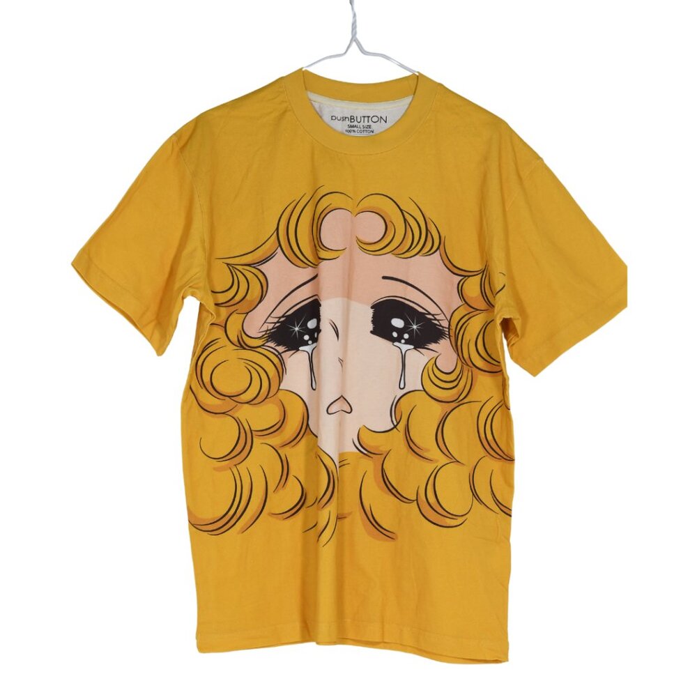 PushButton Yellow Cotton T-Shirt – Anime-Inspired Graphic, "Don't Cry Anymore"